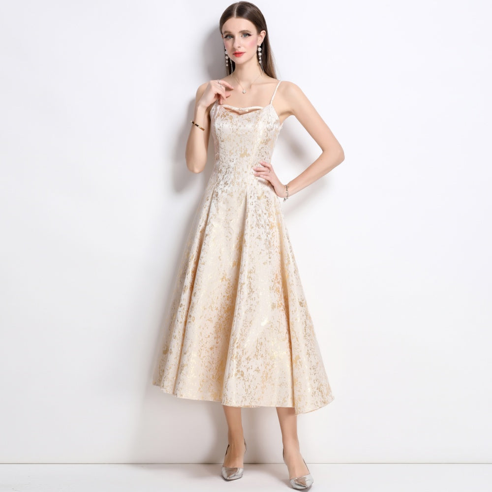 CM-DY041278 Women Elegant European Style Sleeveless Pinched Waist Jacquard Dress - Apricot