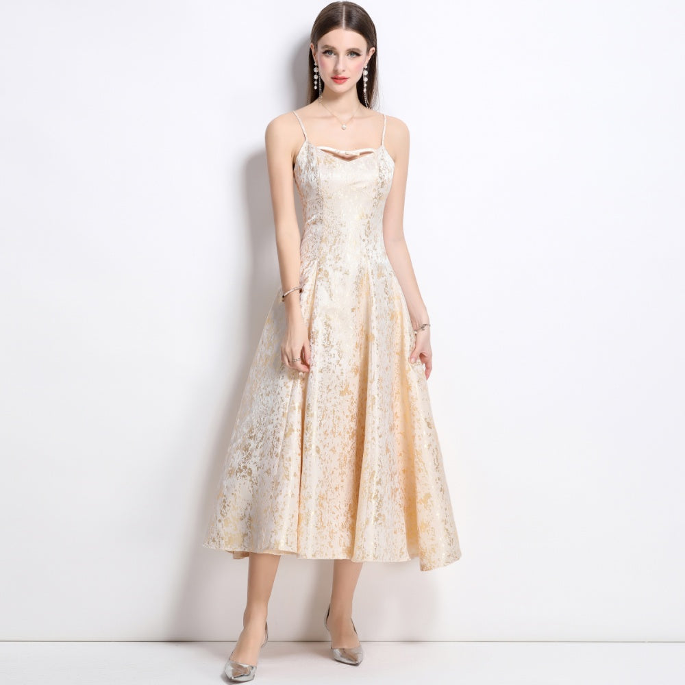 CM-DY041278 Women Elegant European Style Sleeveless Pinched Waist Jacquard Dress - Apricot
