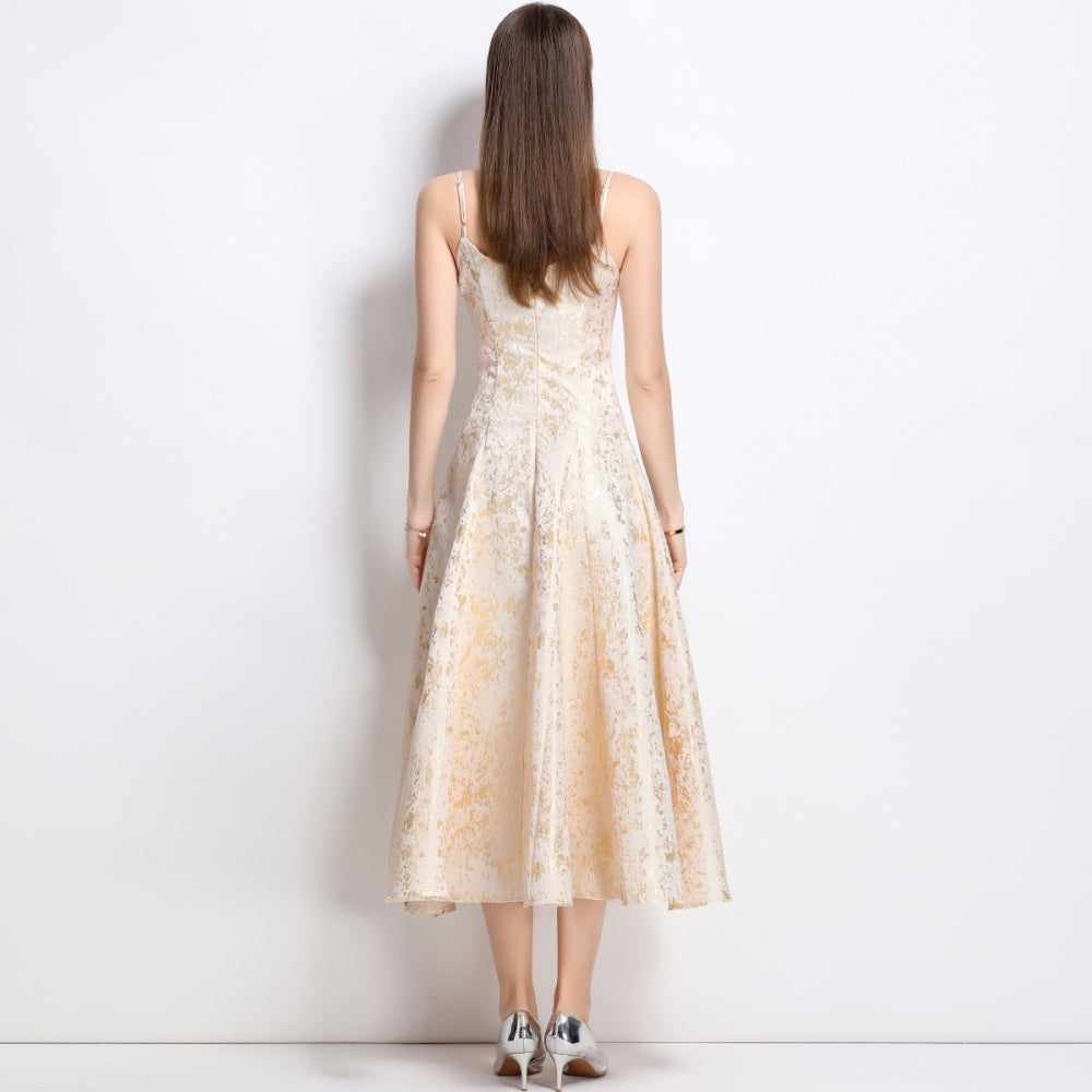 CM-DY041278 Women Elegant European Style Sleeveless Pinched Waist Jacquard Dress - Apricot