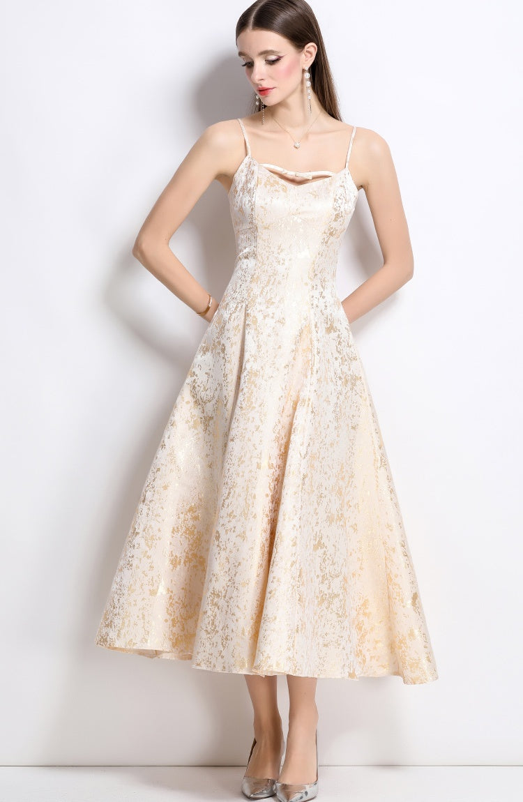 CM-DY041278 Women Elegant European Style Sleeveless Pinched Waist Jacquard Dress - Apricot