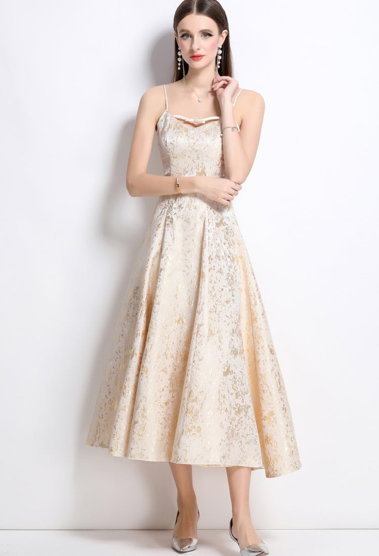 CM-DY041278 Women Elegant European Style Sleeveless Pinched Waist Jacquard Dress - Apricot