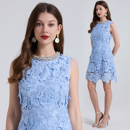 CM-DY041310 Women Elegant European Style Round Neck Beaded Decor Embroidered Sleeveless Mini Dress - Blue