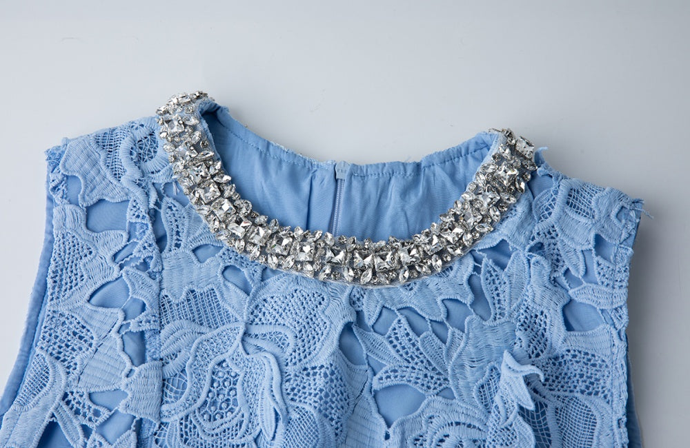 CM-DY041310 Women Elegant European Style Round Neck Beaded Decor Embroidered Sleeveless Mini Dress - Blue