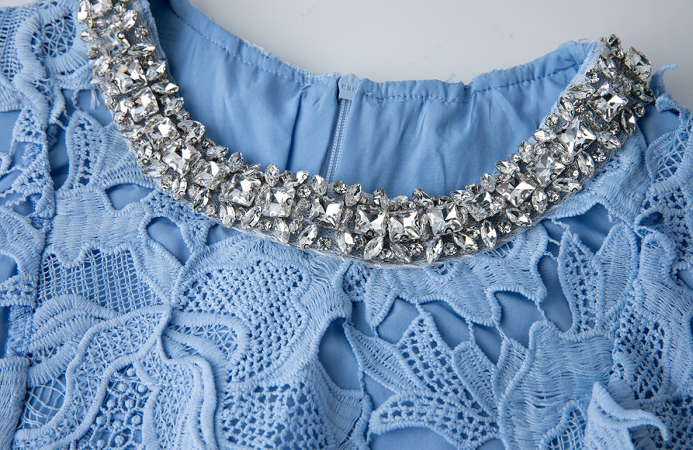CM-DY041310 Women Elegant European Style Round Neck Beaded Decor Embroidered Sleeveless Mini Dress - Blue