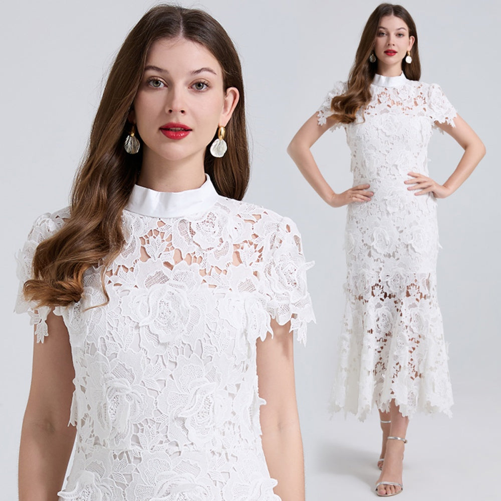 CM-DY041311 Women Elegant European Style Floral Lace Stand Collar Cap Sleeve Mid-Length Fishtail Dress - White