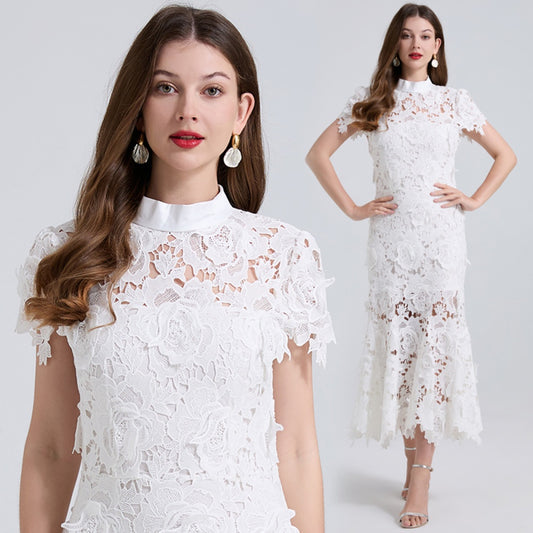 CM-DY041311 Women Elegant European Style Floral Lace Stand Collar Cap Sleeve Mid-Length Fishtail Dress - White