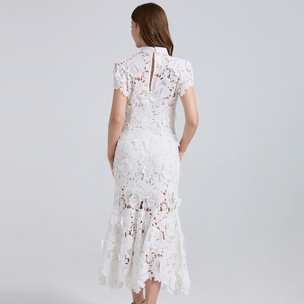 CM-DY041311 Women Elegant European Style Floral Lace Stand Collar Cap Sleeve Mid-Length Fishtail Dress - White
