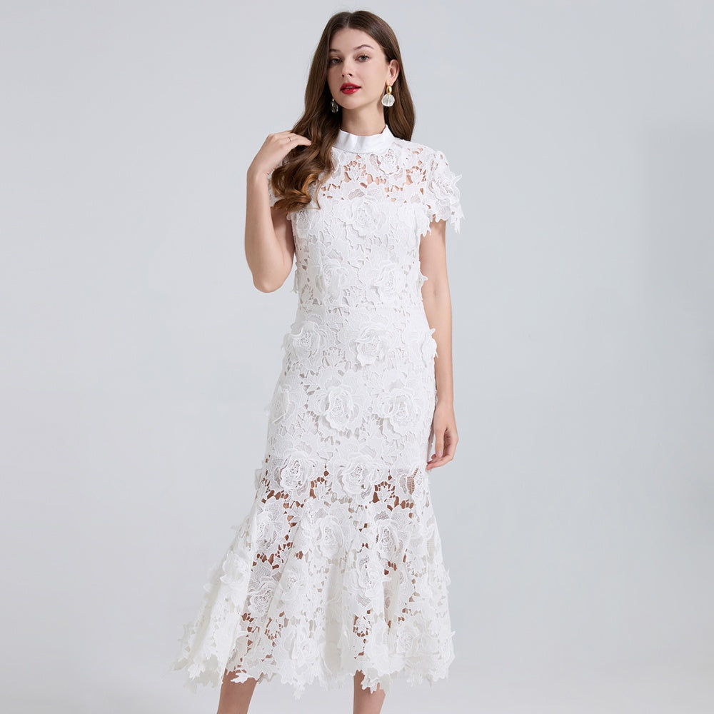CM-DY041311 Women Elegant European Style Floral Lace Stand Collar Cap Sleeve Mid-Length Fishtail Dress - White