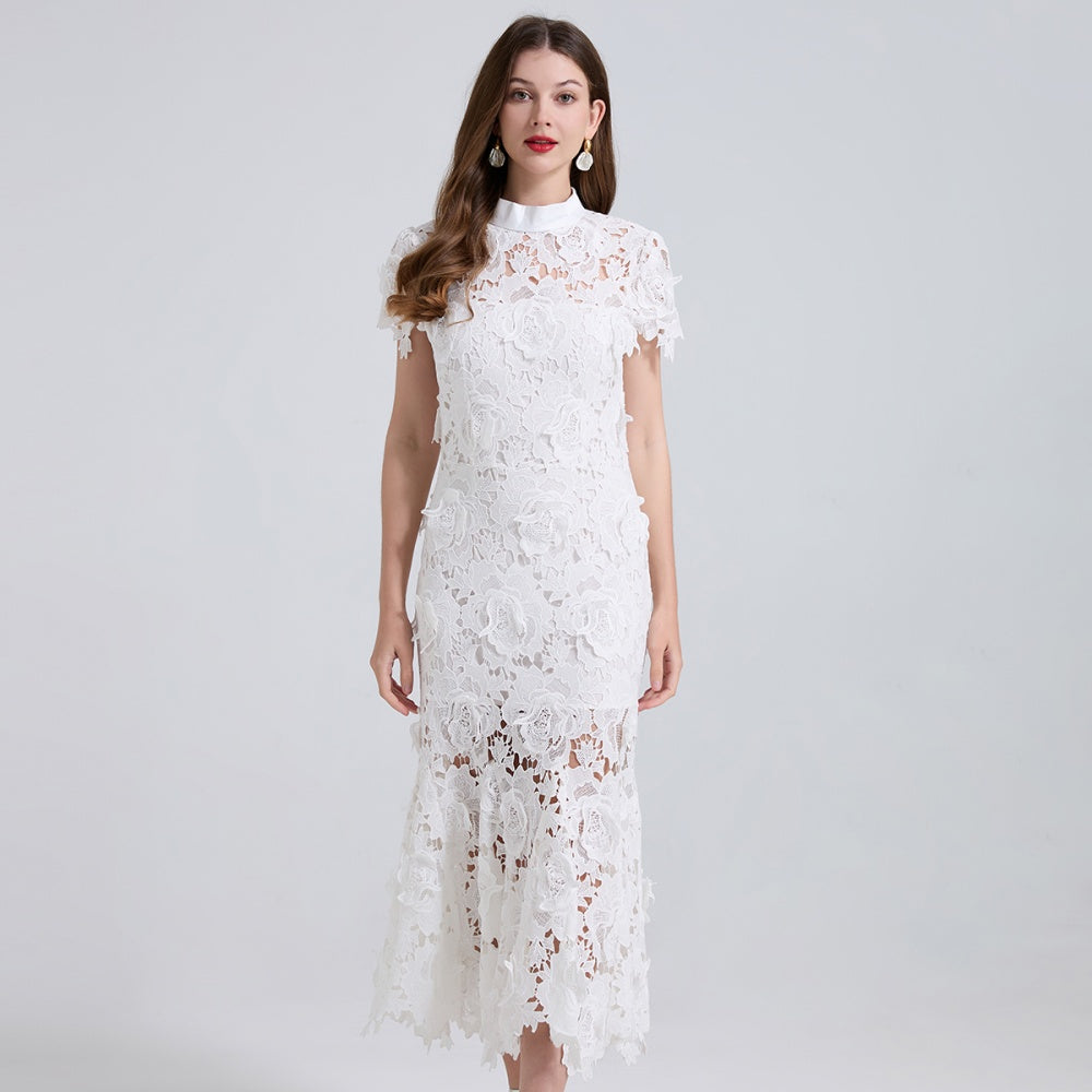 CM-DY041311 Women Elegant European Style Floral Lace Stand Collar Cap Sleeve Mid-Length Fishtail Dress - White