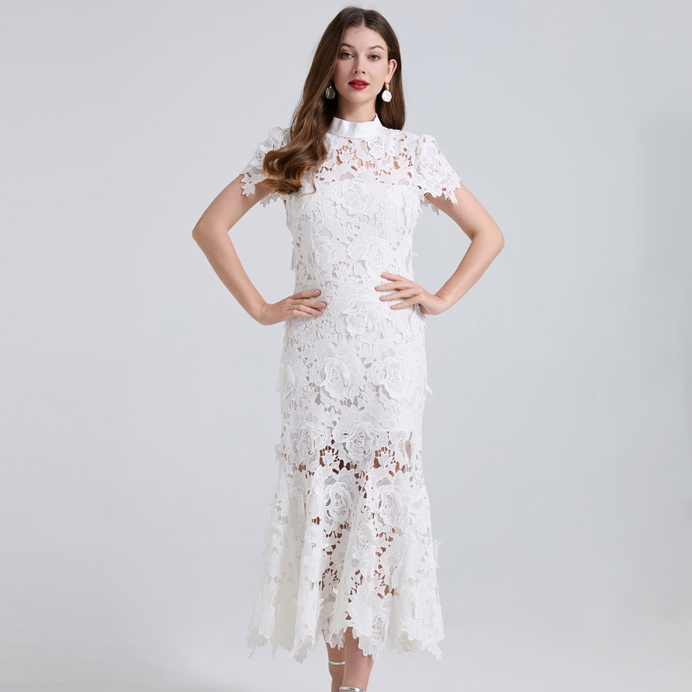 CM-DY041311 Women Elegant European Style Floral Lace Stand Collar Cap Sleeve Mid-Length Fishtail Dress - White