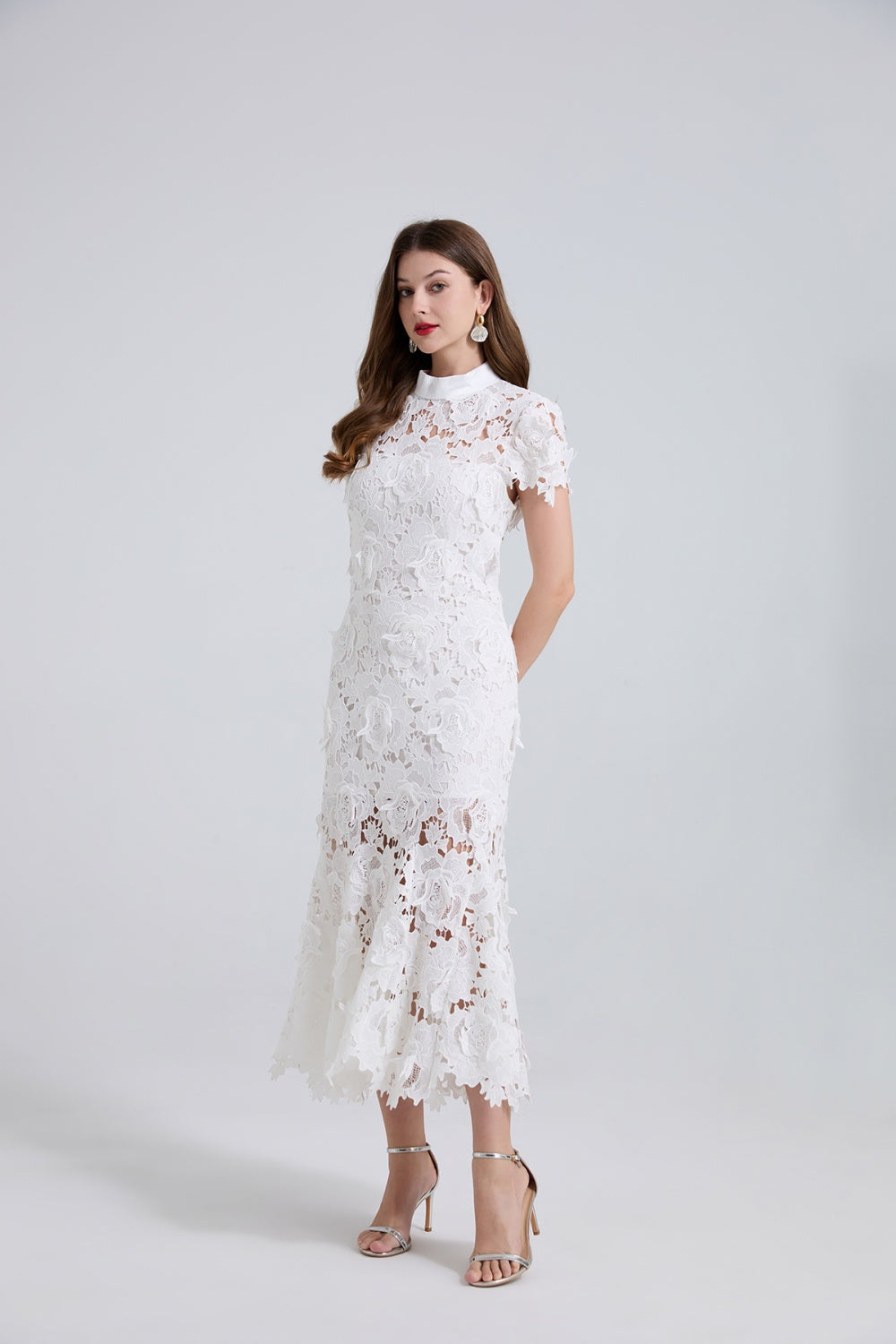 CM-DY041311 Women Elegant European Style Floral Lace Stand Collar Cap Sleeve Mid-Length Fishtail Dress - White