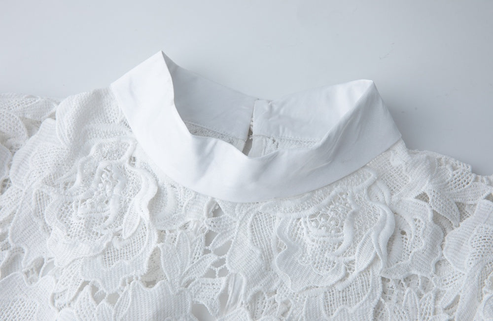 CM-DY041311 Women Elegant European Style Floral Lace Stand Collar Cap Sleeve Mid-Length Fishtail Dress - White