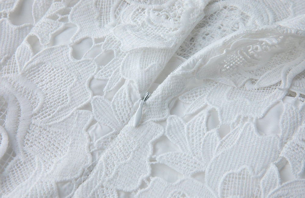 CM-DY041311 Women Elegant European Style Floral Lace Stand Collar Cap Sleeve Mid-Length Fishtail Dress - White