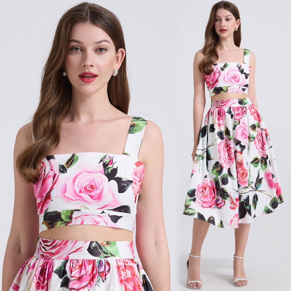 CM-SY041315 Women Trendy Bohemian Style Floral Print Spaghetti Strap Crop Blouse With High Waist Midi Skirt - Set