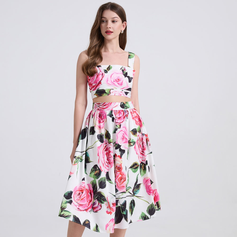CM-SY041315 Women Trendy Bohemian Style Floral Print Spaghetti Strap Crop Blouse With High Waist Midi Skirt - Set