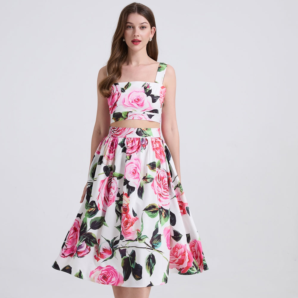 CM-SY041315 Women Trendy Bohemian Style Floral Print Spaghetti Strap Crop Blouse With High Waist Midi Skirt - Set