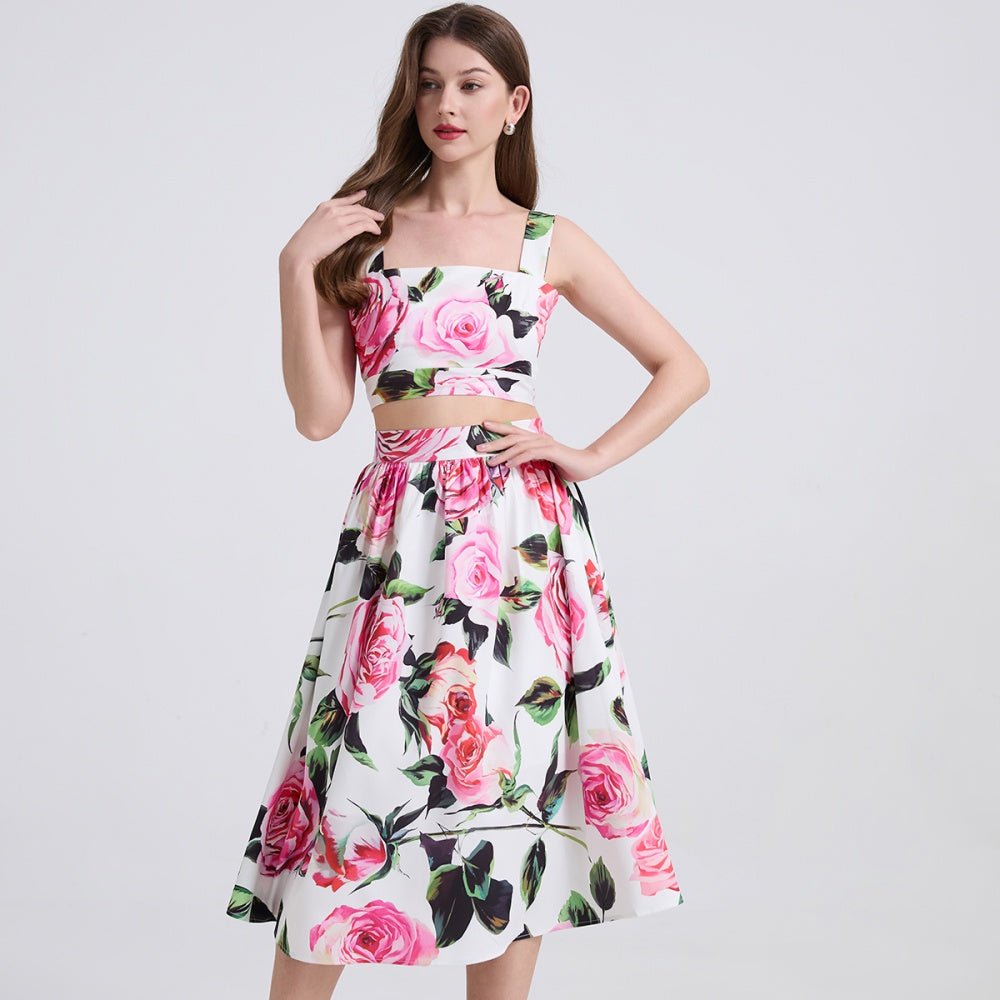 CM-SY041315 Women Trendy Bohemian Style Floral Print Spaghetti Strap Crop Blouse With High Waist Midi Skirt - Set