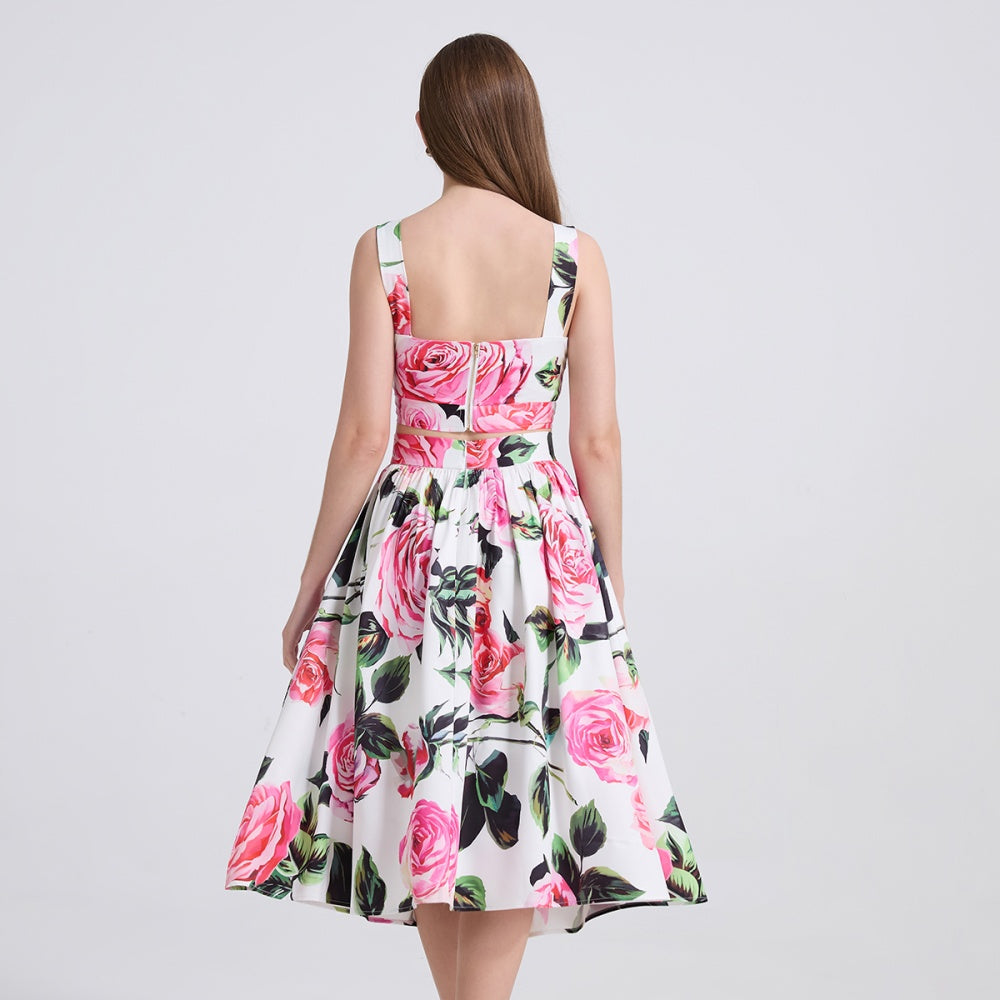 CM-SY041315 Women Trendy Bohemian Style Floral Print Spaghetti Strap Crop Blouse With High Waist Midi Skirt - Set