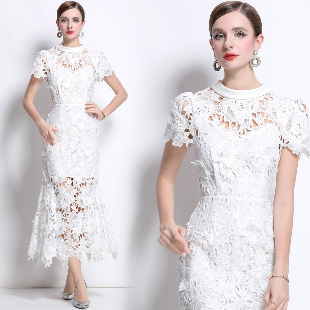 CM-DY041336 Women Elegant European Style Round Neck Short Sleeve Lace Fishtail Dress - White