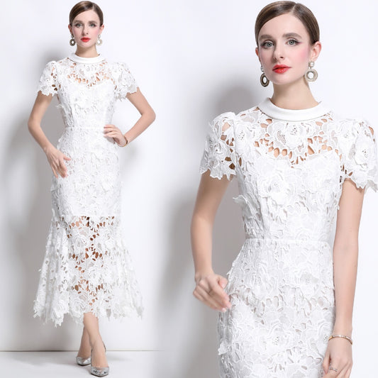 CM-DY041336 Women Elegant European Style Round Neck Short Sleeve Lace Fishtail Dress - White