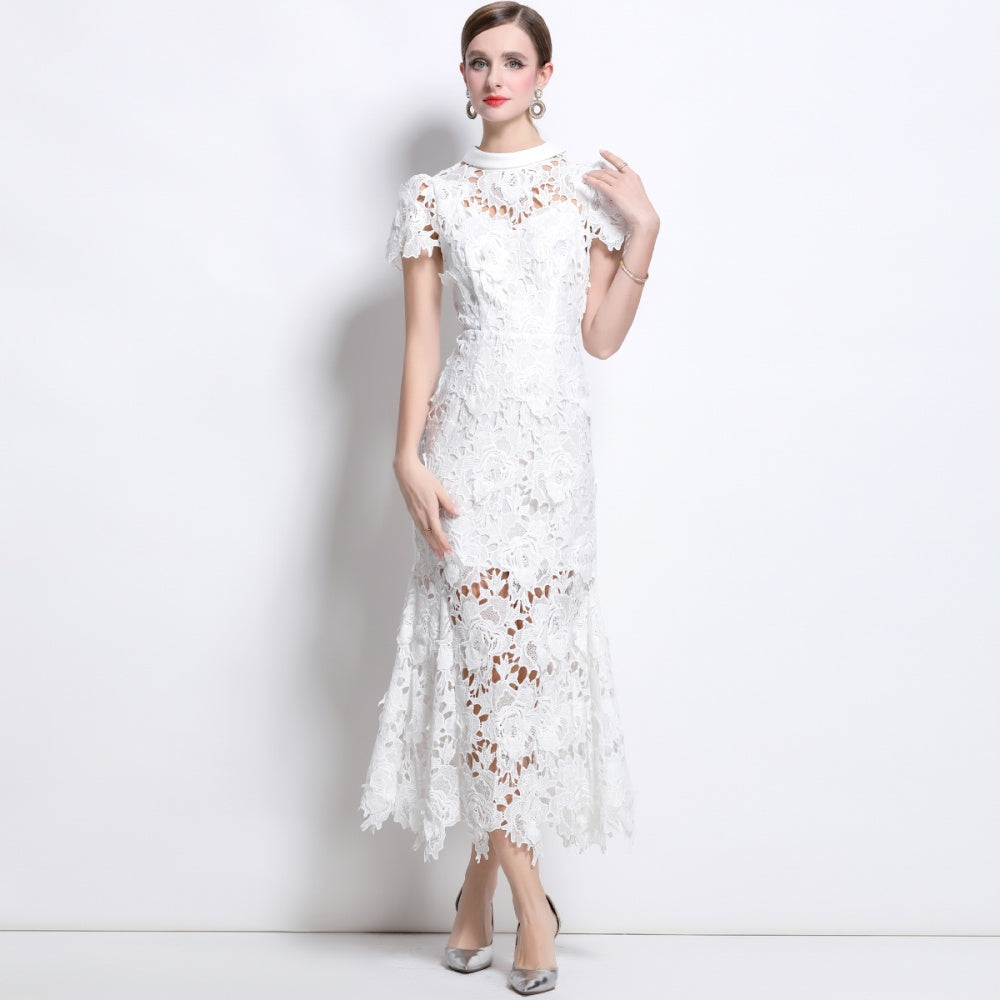 CM-DY041336 Women Elegant European Style Round Neck Short Sleeve Lace Fishtail Dress - White