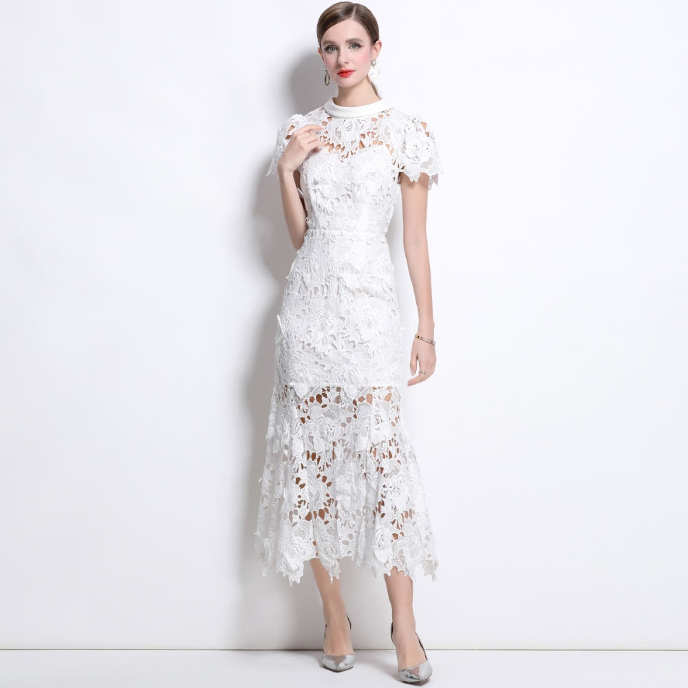 CM-DY041336 Women Elegant European Style Round Neck Short Sleeve Lace Fishtail Dress - White