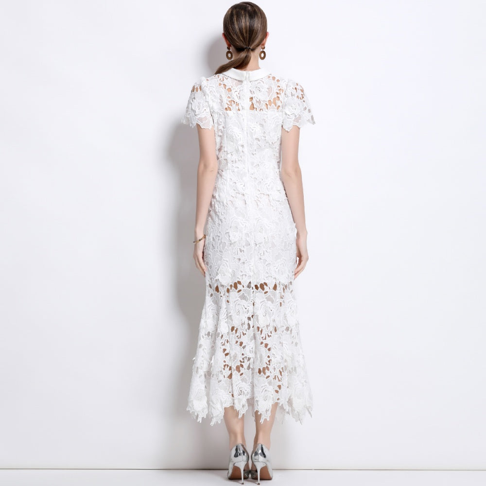 CM-DY041336 Women Elegant European Style Round Neck Short Sleeve Lace Fishtail Dress - White
