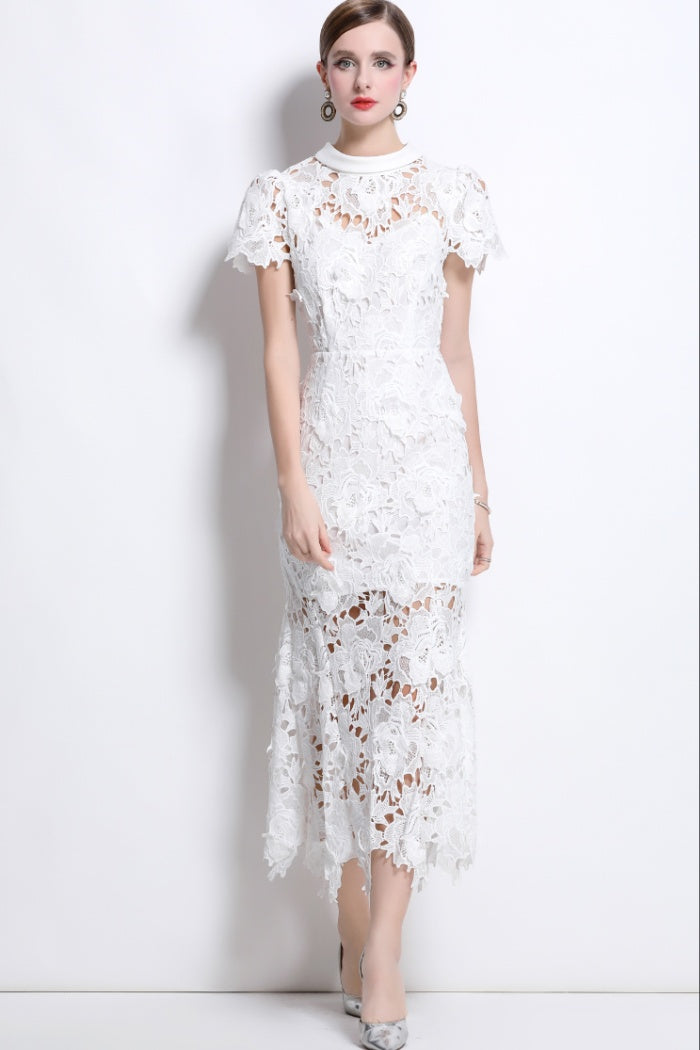 CM-DY041336 Women Elegant European Style Round Neck Short Sleeve Lace Fishtail Dress - White