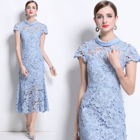 CM-DY041337 Women Elegant European Style Round Neck Short Sleeve Lace Fishtail Dress - Blue