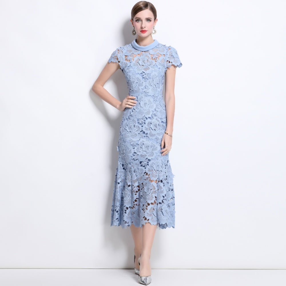 CM-DY041337 Women Elegant European Style Round Neck Short Sleeve Lace Fishtail Dress - Blue