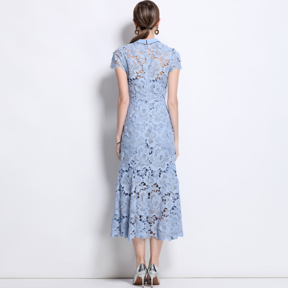 CM-DY041337 Women Elegant European Style Round Neck Short Sleeve Lace Fishtail Dress - Blue
