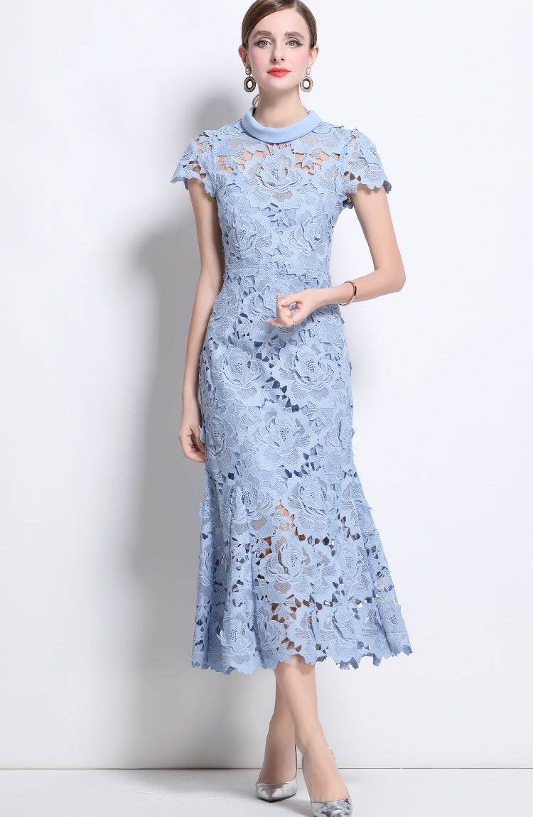 CM-DY041337 Women Elegant European Style Round Neck Short Sleeve Lace Fishtail Dress - Blue