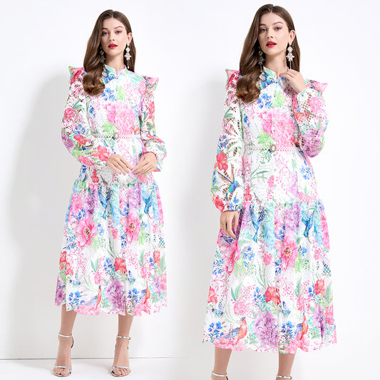 CM-DY041430 Women Elegant European Style Floral Prints Long Sleeve Pinched Waist Maxi Dress - Pink