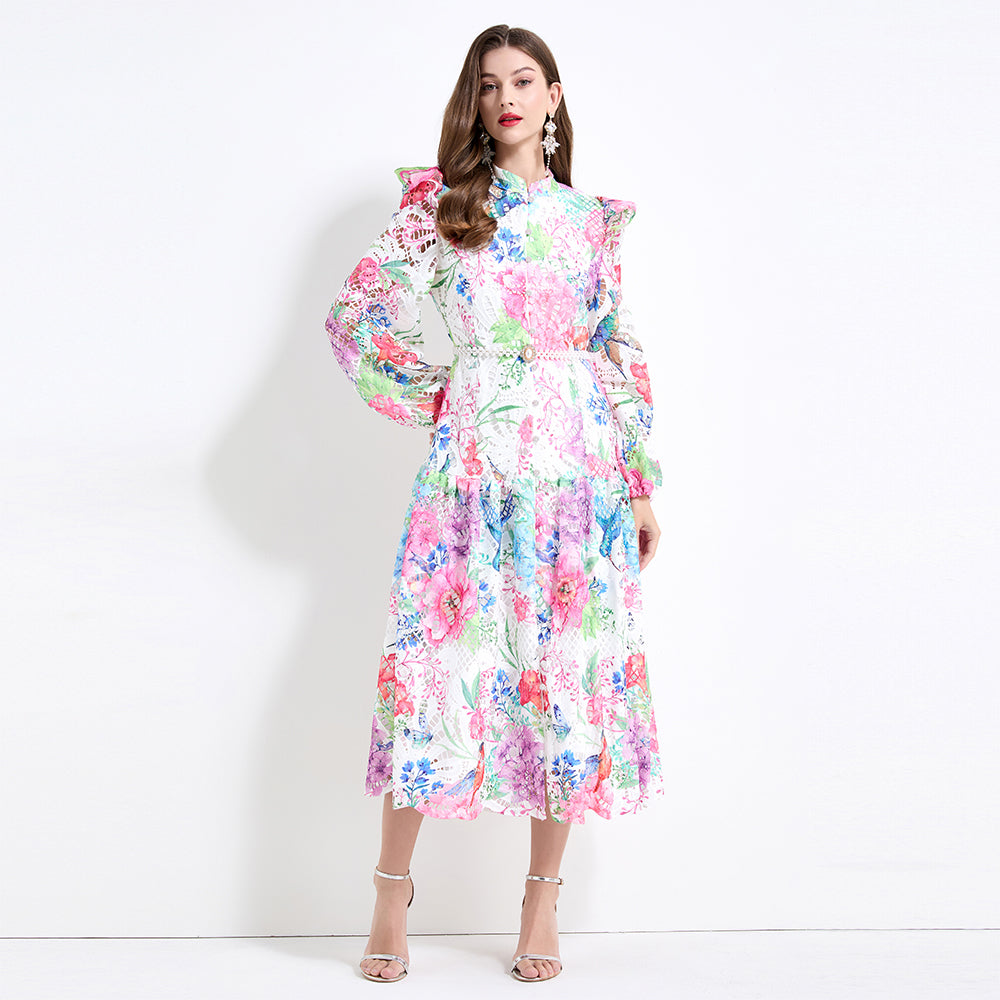 CM-DY041430 Women Elegant European Style Floral Prints Long Sleeve Pinched Waist Maxi Dress - Pink
