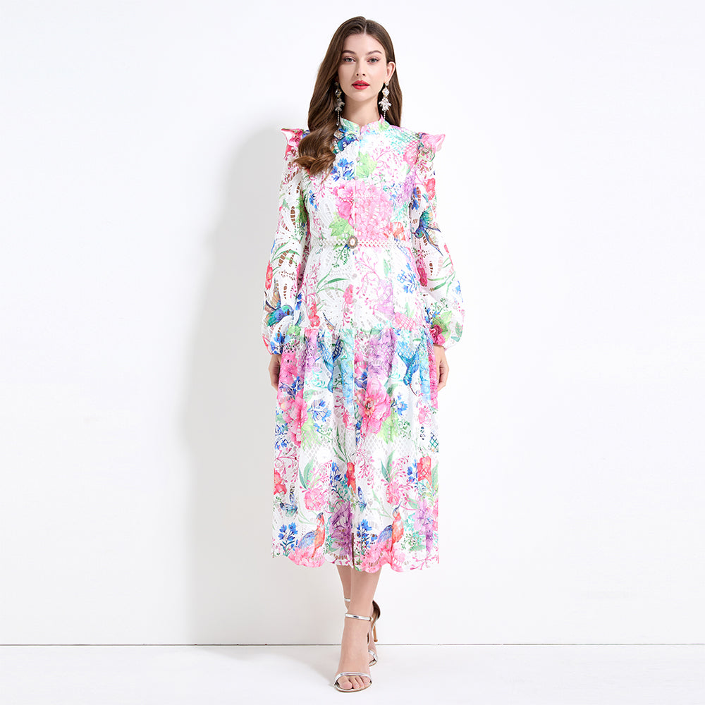 CM-DY041430 Women Elegant European Style Floral Prints Long Sleeve Pinched Waist Maxi Dress - Pink