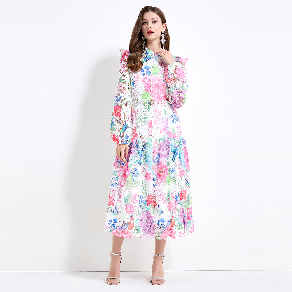 CM-DY041430 Women Elegant European Style Floral Prints Long Sleeve Pinched Waist Maxi Dress - Pink