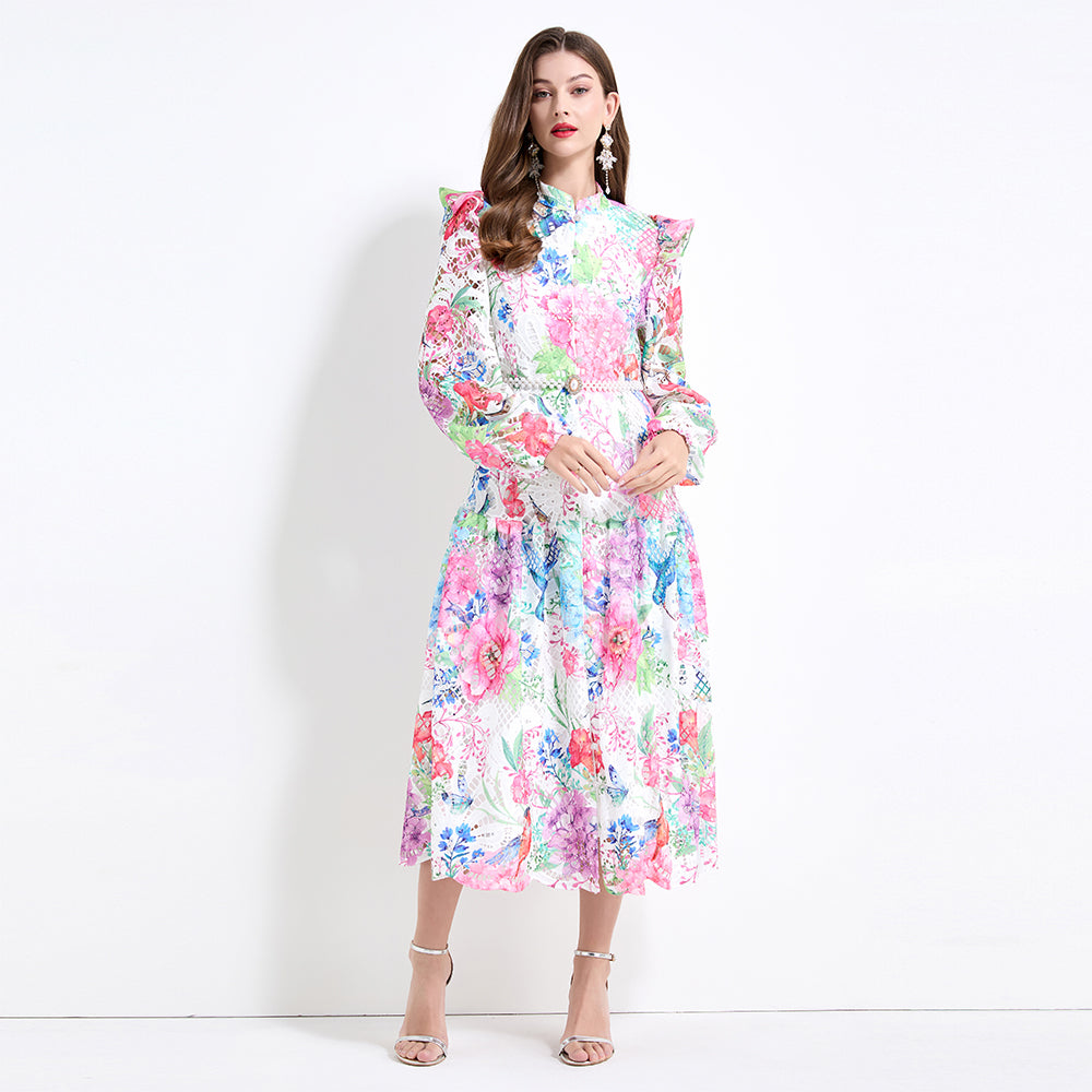 CM-DY041430 Women Elegant European Style Floral Prints Long Sleeve Pinched Waist Maxi Dress - Pink
