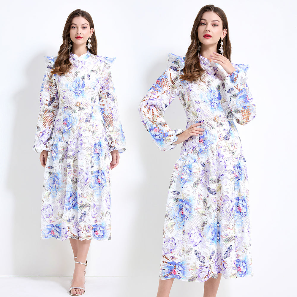 CM-DY041431 Women Elegant European Style Floral Prints Long Sleeve Pinched Waist Maxi Dress - Blue