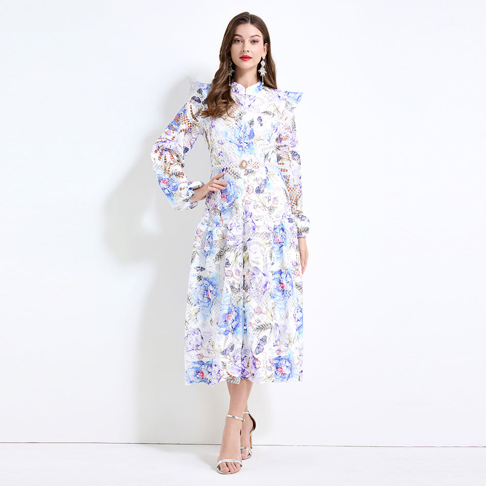 CM-DY041431 Women Elegant European Style Floral Prints Long Sleeve Pinched Waist Maxi Dress - Blue