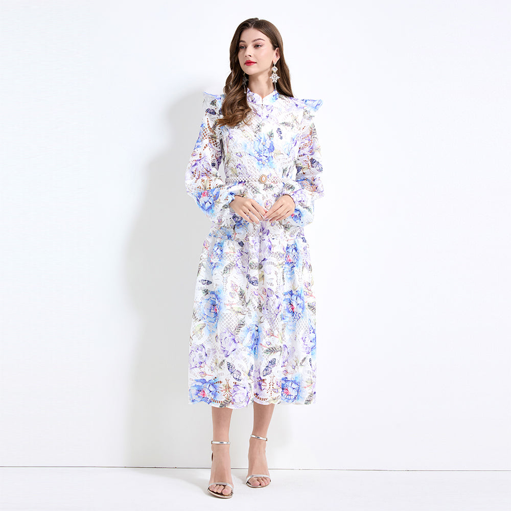CM-DY041431 Women Elegant European Style Floral Prints Long Sleeve Pinched Waist Maxi Dress - Blue