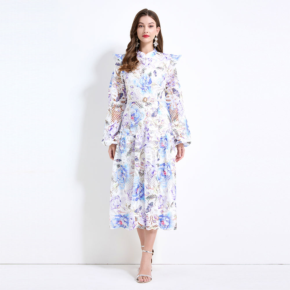 CM-DY041431 Women Elegant European Style Floral Prints Long Sleeve Pinched Waist Maxi Dress - Blue