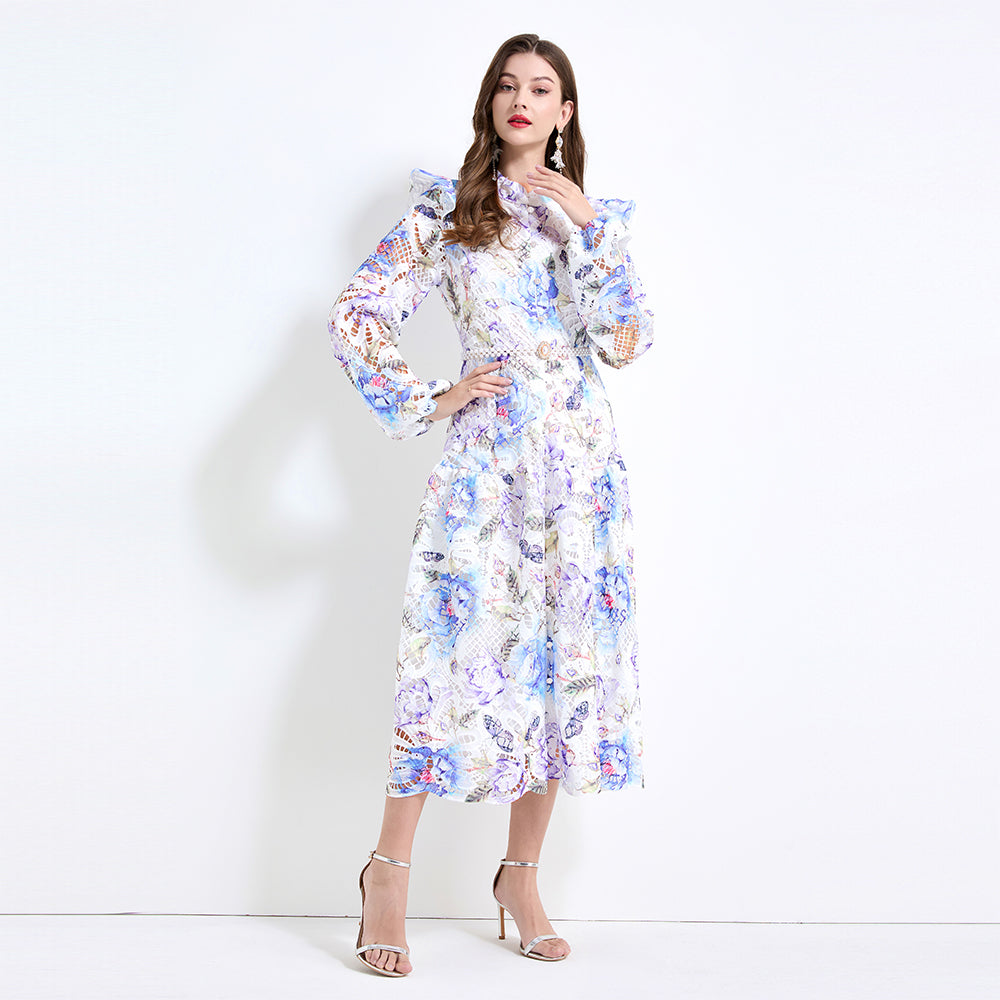 CM-DY041431 Women Elegant European Style Floral Prints Long Sleeve Pinched Waist Maxi Dress - Blue
