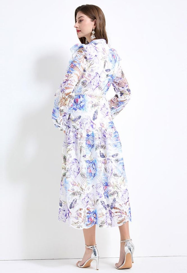 CM-DY041431 Women Elegant European Style Floral Prints Long Sleeve Pinched Waist Maxi Dress - Blue
