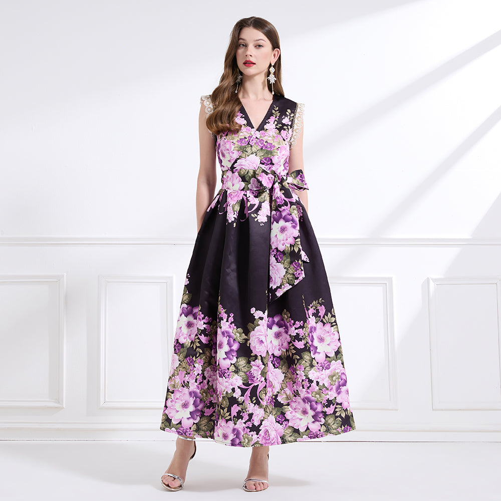 CM-DY041434 Women Trendy Bohemian Style Floral Print V-Neck Boat Sleeve Long Dress - Black