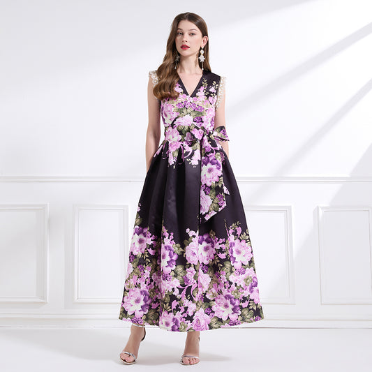CM-DY041434 Women Trendy Bohemian Style Floral Print V-Neck Boat Sleeve Long Dress - Black