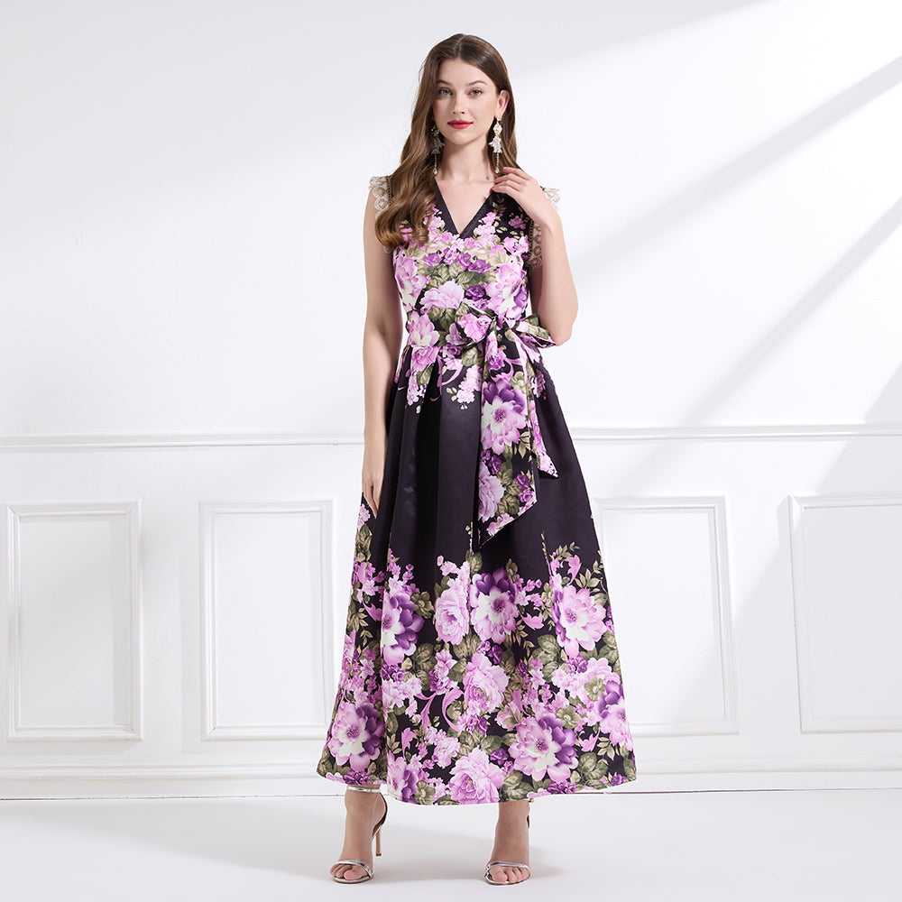 CM-DY041434 Women Trendy Bohemian Style Floral Print V-Neck Boat Sleeve Long Dress - Black