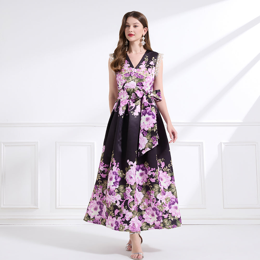 CM-DY041434 Women Trendy Bohemian Style Floral Print V-Neck Boat Sleeve Long Dress - Black