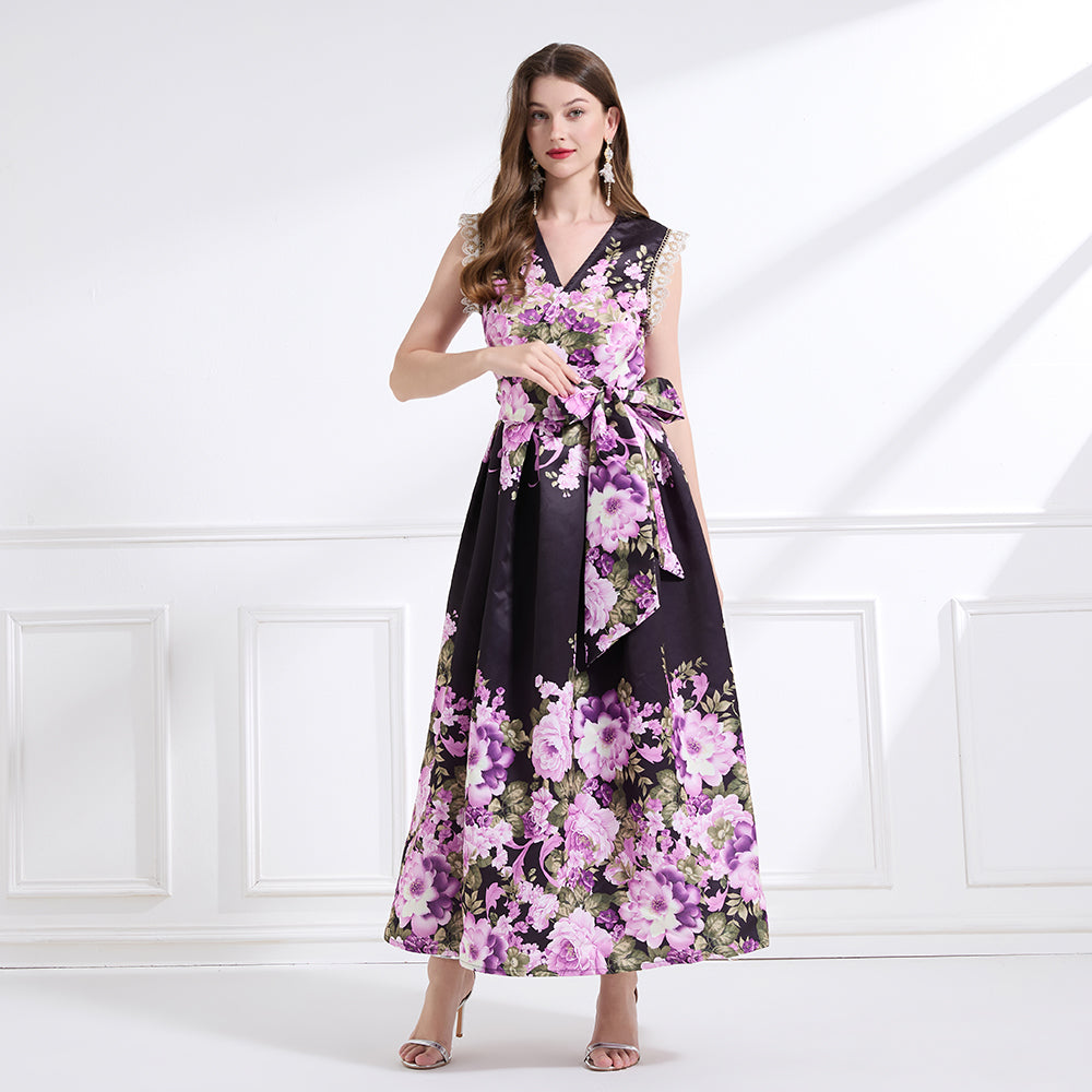 CM-DY041434 Women Trendy Bohemian Style Floral Print V-Neck Boat Sleeve Long Dress - Black