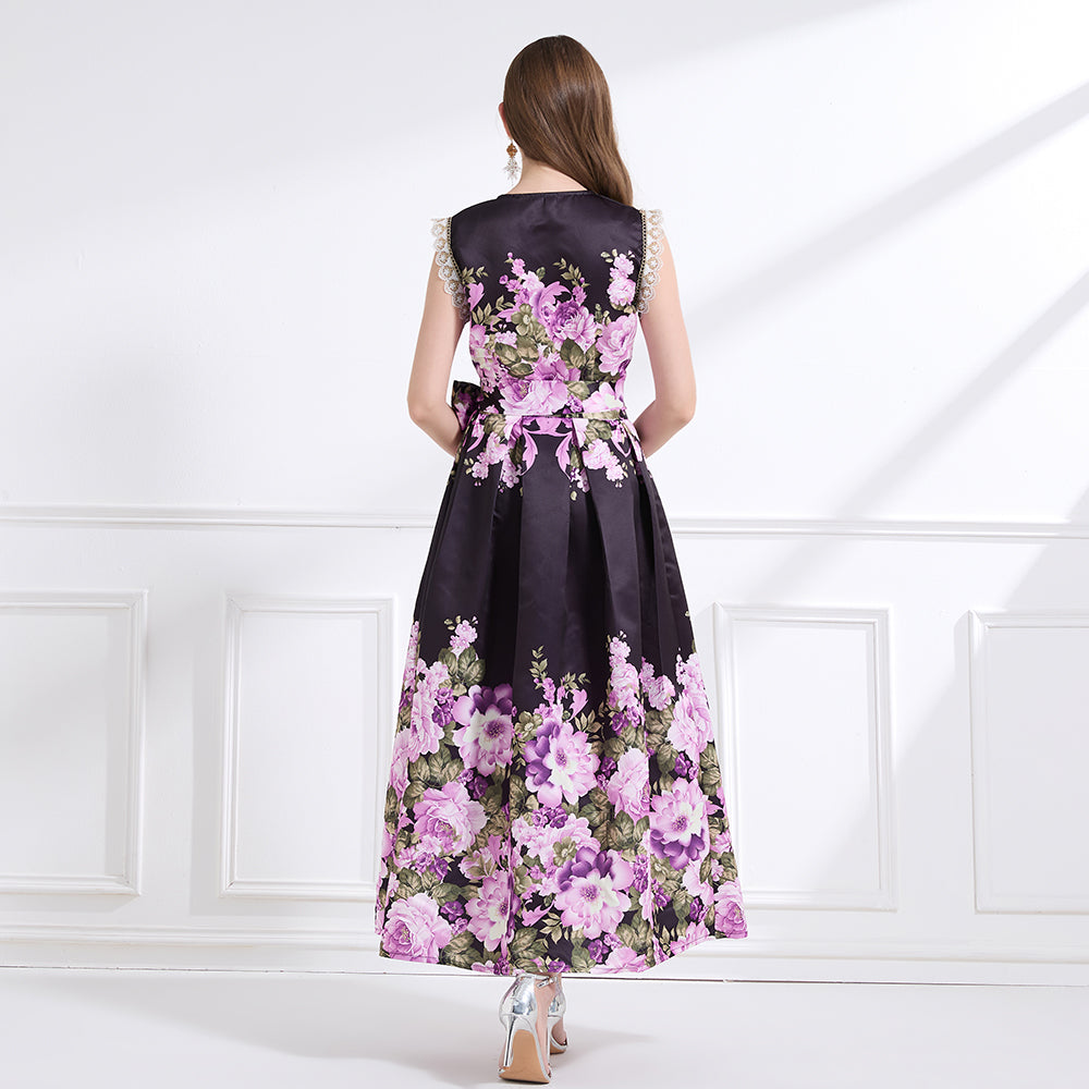CM-DY041434 Women Trendy Bohemian Style Floral Print V-Neck Boat Sleeve Long Dress - Black