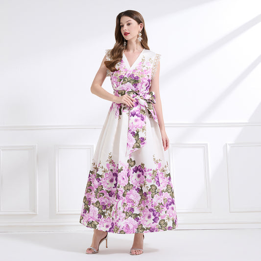 CM-DY041435 Women Trendy Bohemian Style Floral Print V-Neck Boat Sleeve Long Dress - Apricot